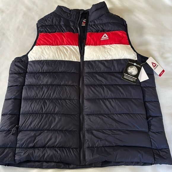 Reebok Puffer Vest Mens 2XL Red White Blue Zip Pockets - Picture 1 of 4
